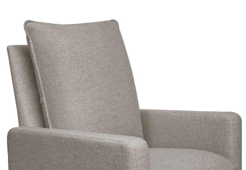 Close-up of a modern light gray upholstered armchair with a high back and clean lines.