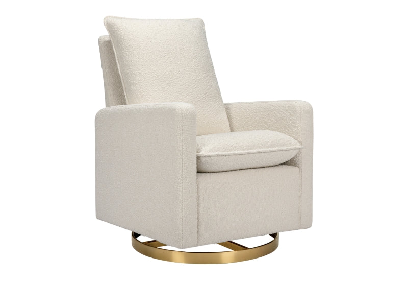 Contemporary ivory nursery rocking chair with a plush upholstery and a golden circular base, isolated on a white background. 999-8604-WHT