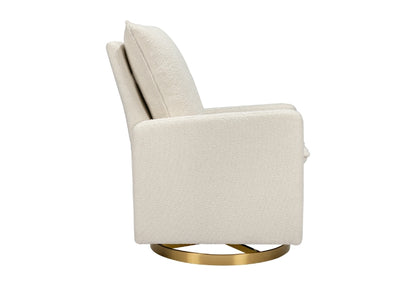 Modern beige nursery rocking chair with a gold circular base.