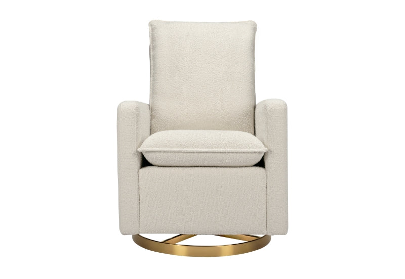 Modern beige nursery chair with a gold base, isolated on a white background.