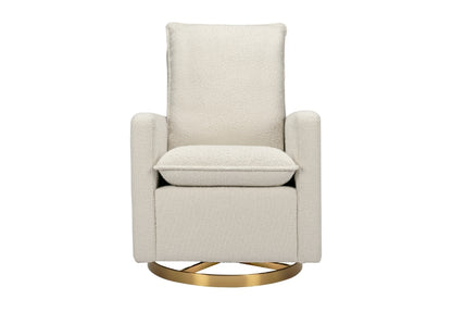 Modern beige nursery chair with a gold base, isolated on a white background.