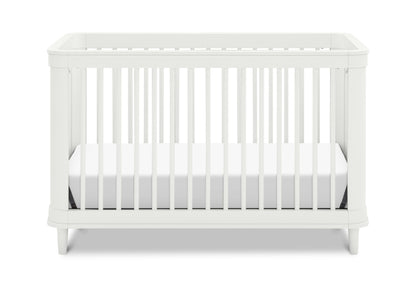 A simple and elegant white baby crib with vertical slats and a solid headboard on a plain background.