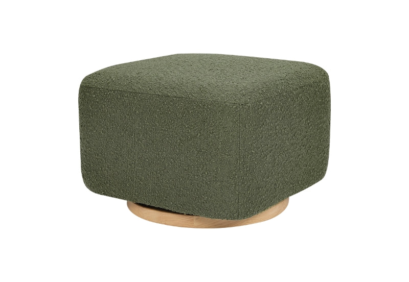 Green fabric-covered ottoman with wooden base, isolated on a white background.