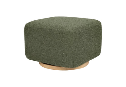 Green fabric-covered ottoman with wooden base, isolated on a white background.