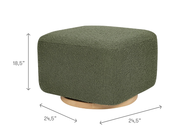 Green fabric ottoman with dimensions 18.5" height and 24.5" width displayed on each side.