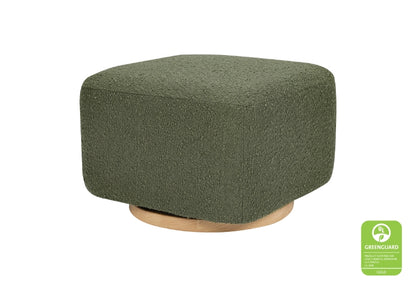 Green textile-covered ottoman with a natural wood base, featuring a GREENGUARD Gold certification logo. 999-8606-GRW