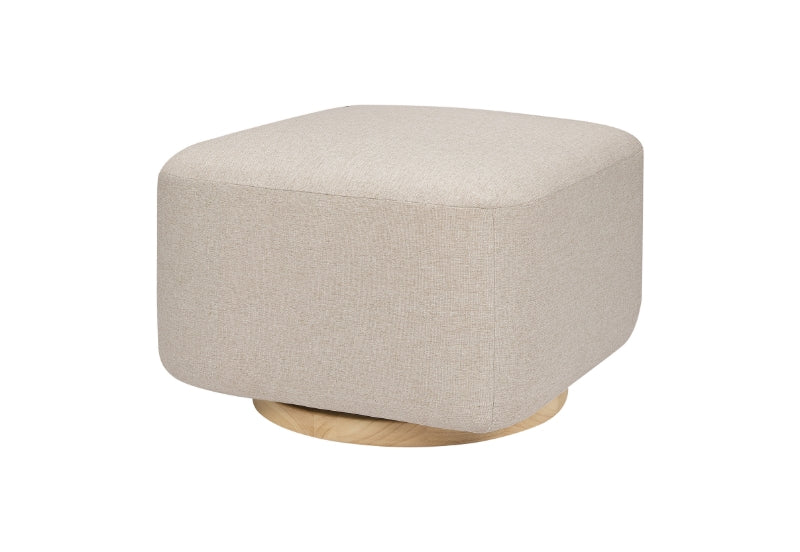 Contemporary beige fabric ottoman on a wooden base.