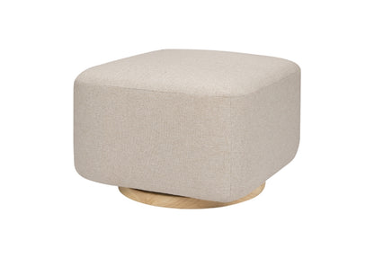 Contemporary beige fabric ottoman on a wooden base.