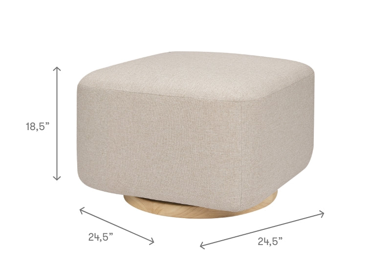 Beige upholstered ottoman on a wooden base, dimensions 24.5 inches by 24.5 inches width and 18.5 inches height.