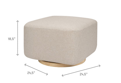 Beige upholstered ottoman on a wooden base, dimensions 24.5 inches by 24.5 inches width and 18.5 inches height.