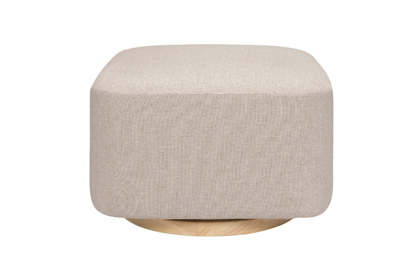 A minimalist beige fabric ottoman on a round wooden base, isolated on a white background.