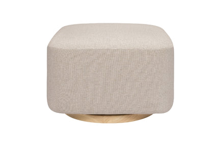 A minimalist beige fabric ottoman on a round wooden base, isolated on a white background.