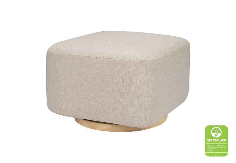 Beige nursery ottoman with a Greenguard certification seal on a white background. 999-8606-CRM