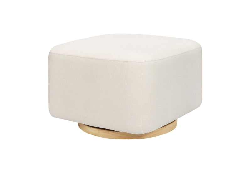 White fabric ottoman with a round wooden base, isolated on a white background.