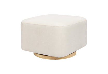 White fabric ottoman with a round wooden base, isolated on a white background.