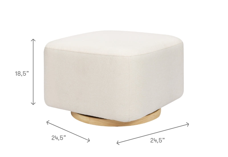 Image of a round, ivory fabric-covered ottoman with wooden base, dimensions displayed as 18.5 inches in height and 24.5 inches in width.