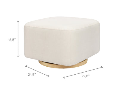 Image of a round, ivory fabric-covered ottoman with wooden base, dimensions displayed as 18.5 inches in height and 24.5 inches in width.