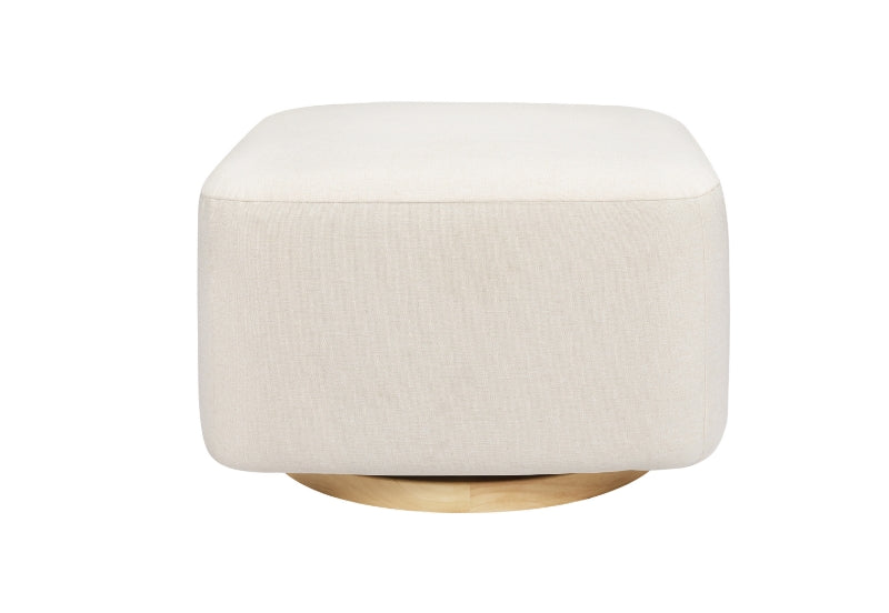Neutral fabric-covered ottoman with a light wooden base isolated on a white background.
