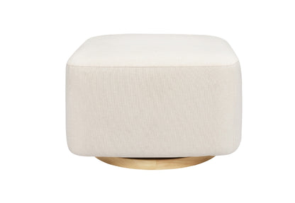 Neutral fabric-covered ottoman with a light wooden base isolated on a white background.