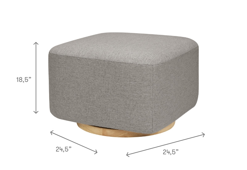 A grey fabric ottoman with dimensions 24.5 inches by 24.5 inches wide and 18.5 inches high, set on a light wooden base.