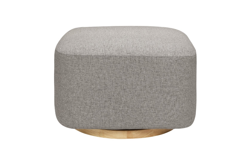 A modern gray fabric ottoman with wooden legs isolated on a white background.