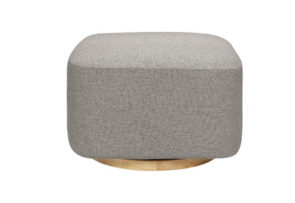 A modern gray fabric ottoman with wooden legs isolated on a white background.