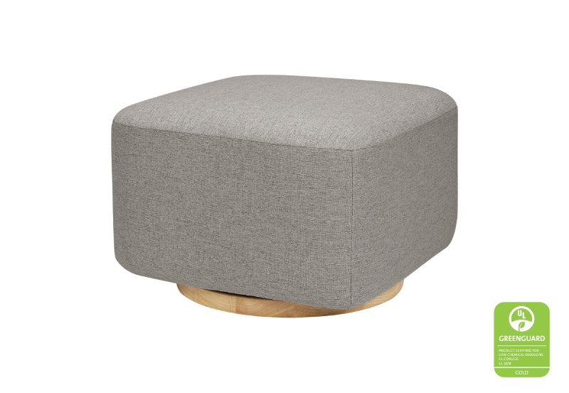 Gray fabric ottoman on a wooden base with a GREENGUARD Gold certification logo in the corner. 999-8606-NAT