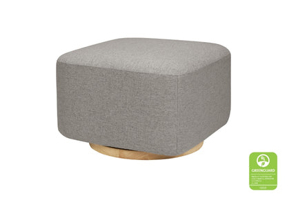 Gray fabric ottoman on a wooden base with a GREENGUARD Gold certification logo in the corner. 999-8606-NAT