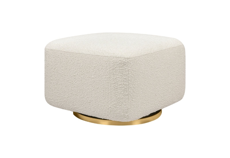 Low, round off-white ottoman with a textured fabric finish and a gold base.