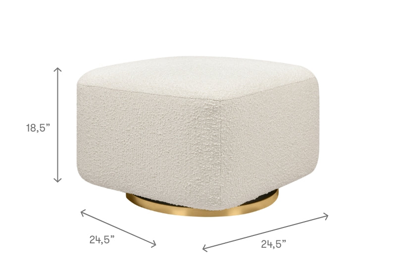 Round beige ottoman with gold base, dimensions 24.5" by 18.5".