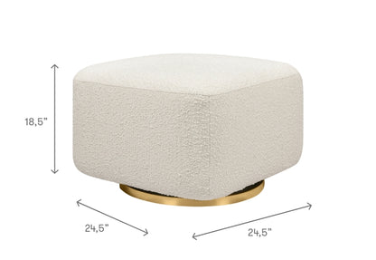 Round beige ottoman with gold base, dimensions 24.5" by 18.5".