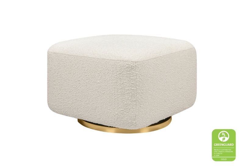 Round, white ottoman with gold base, featuring a Greenguard certification logo. 999-8606-SUN