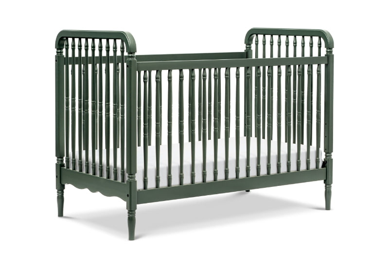 A classic green baby crib with spindle rails and elegant legs on a white background. 999-8608-GRY