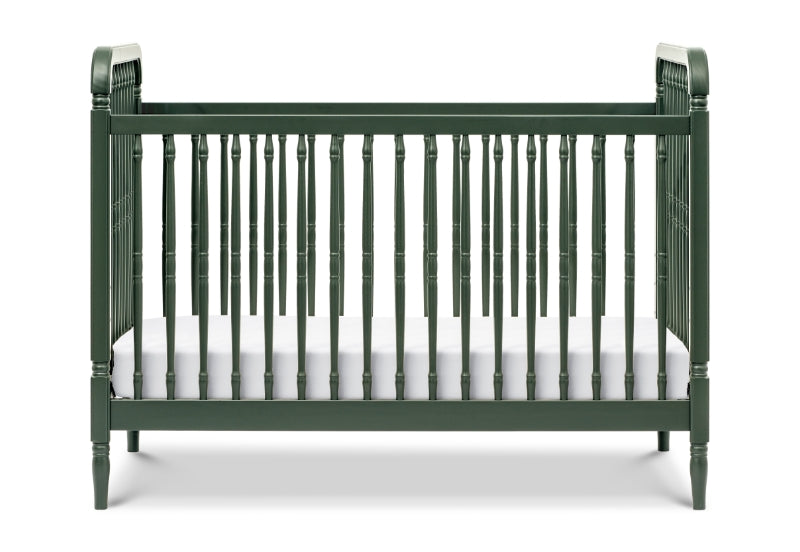 A classic green baby crib with an elegantly simple design featuring vertical slats and curved end panels.