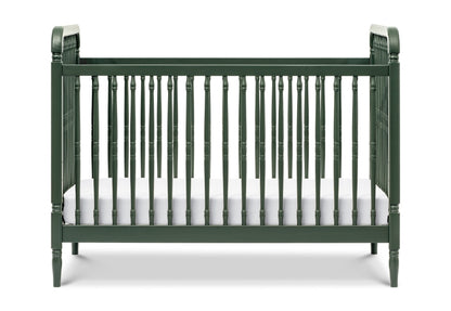 A classic green baby crib with an elegantly simple design featuring vertical slats and curved end panels.