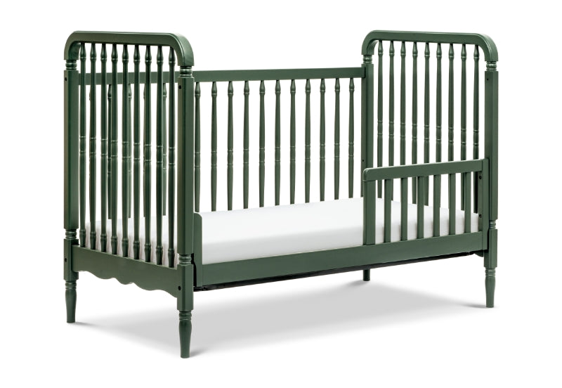 Elegant dark green baby crib with traditional slatted design and curved edges, isolated on a white background.
