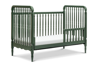 Elegant dark green baby crib with traditional slatted design and curved edges, isolated on a white background.
