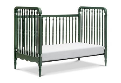 Classic green baby crib with vertical slats and curved end panels, isolated on a white background.