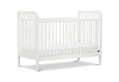 A classic white crib with vertical slats and solid end panels, isolated on a white background. 999-8608-WHT