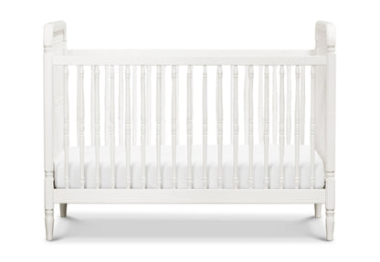 White wooden baby crib with slatted sides on a plain background.