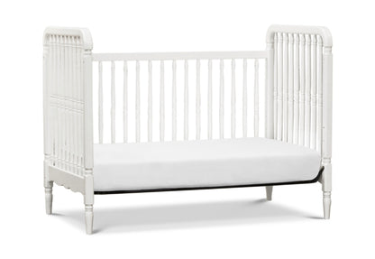 White vintage-style baby crib with vertical slats and decorative side rails on a white background.
