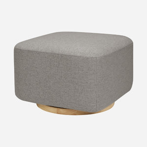 Gray upholstered ottoman with a round wooden base.