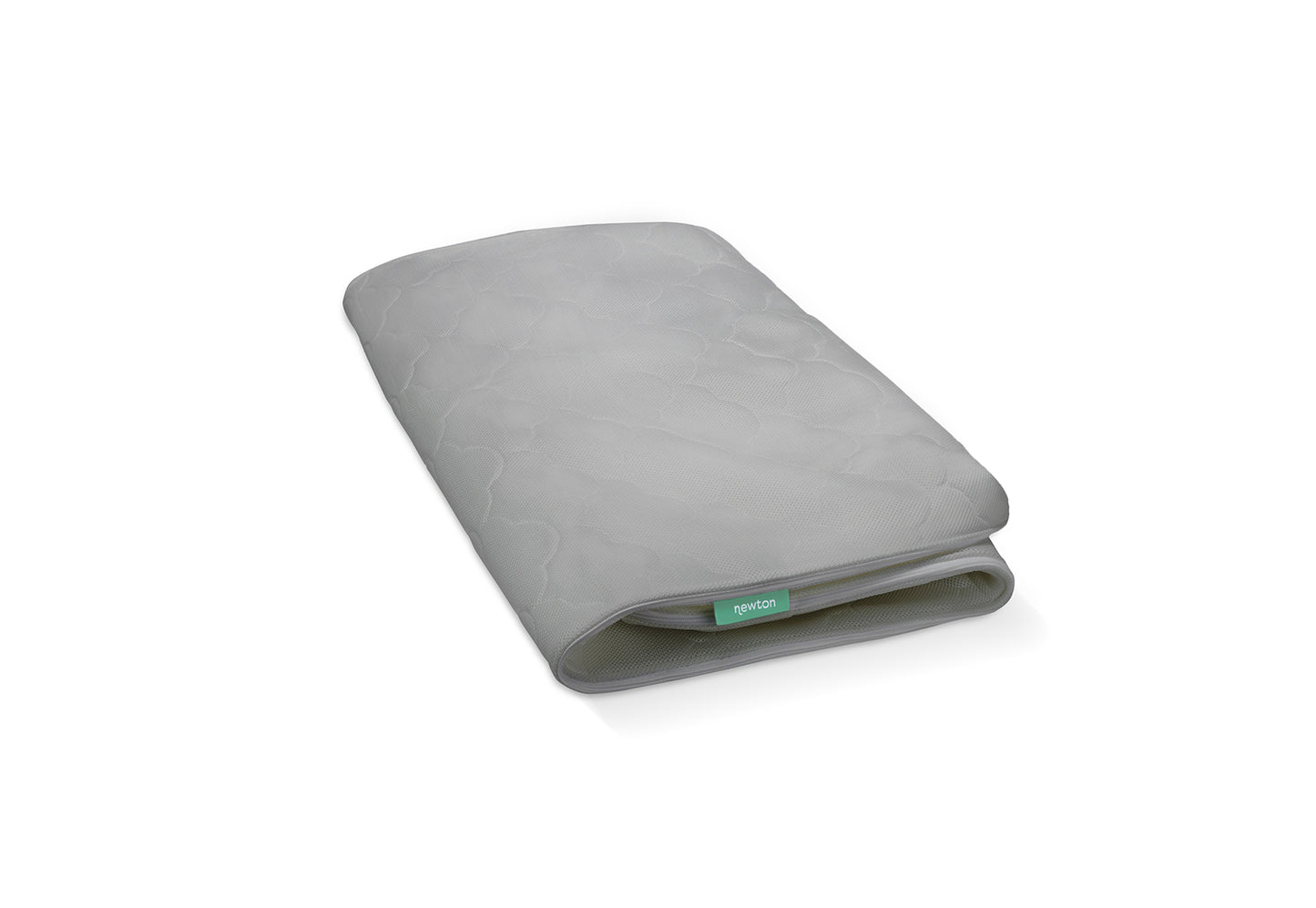 Gray Newton baby bassinet cover folded in half on a white background, with the Newton logo visible on a green tag.