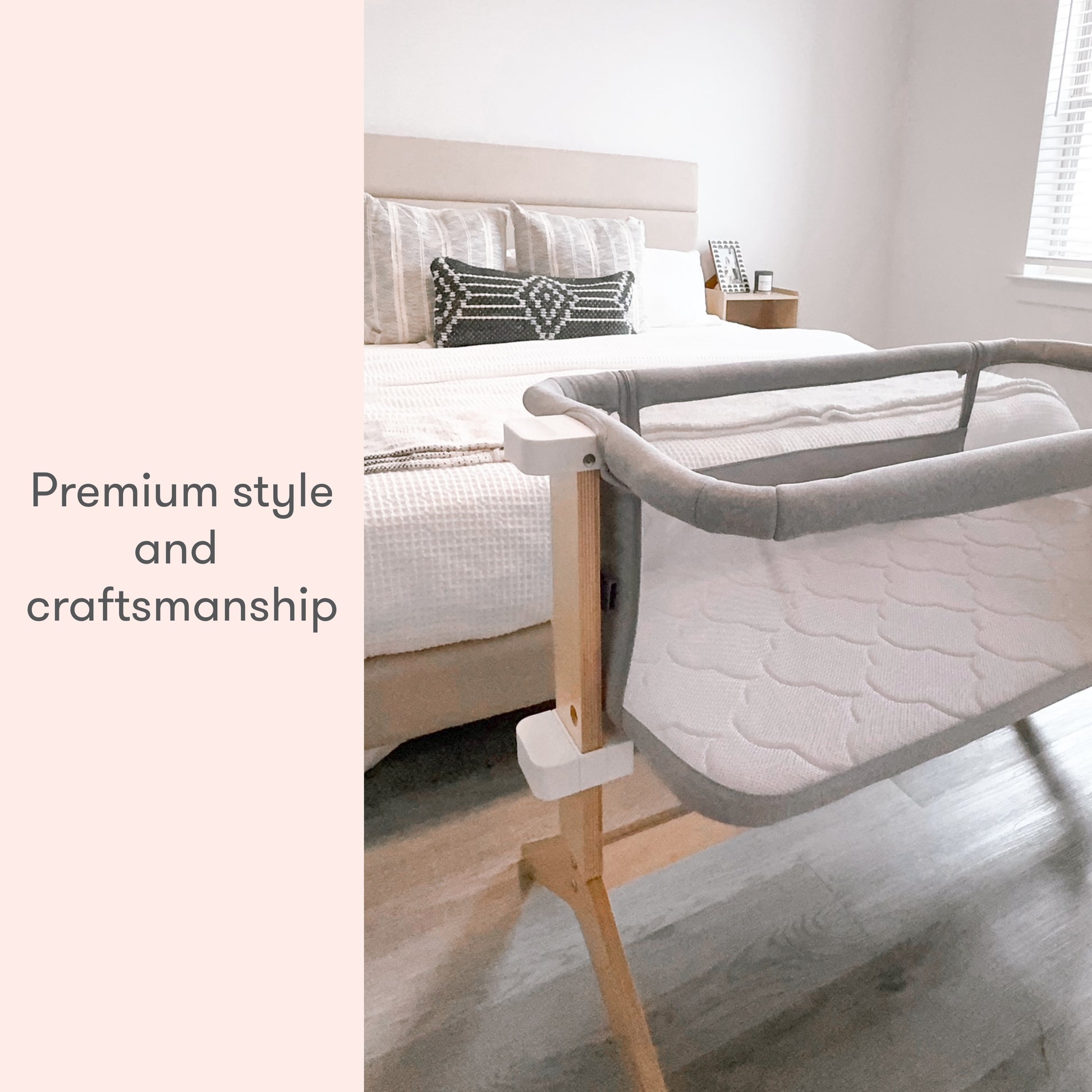 ALT text: "A modern gray baby bassinet with wooden legs placed in a serene room, featuring the text 'Premium style and craftsmanship' on the left."