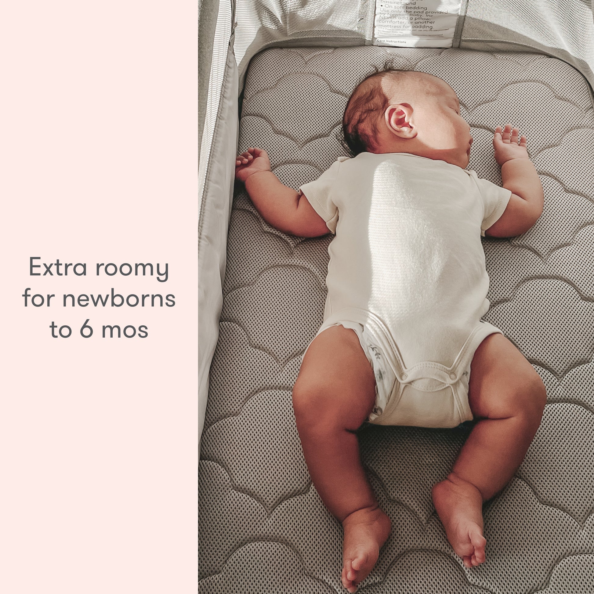 Baby in a grey sleep suit lying on a breathable crib mattress, text reads "Extra roomy for newborns to 6 mos."