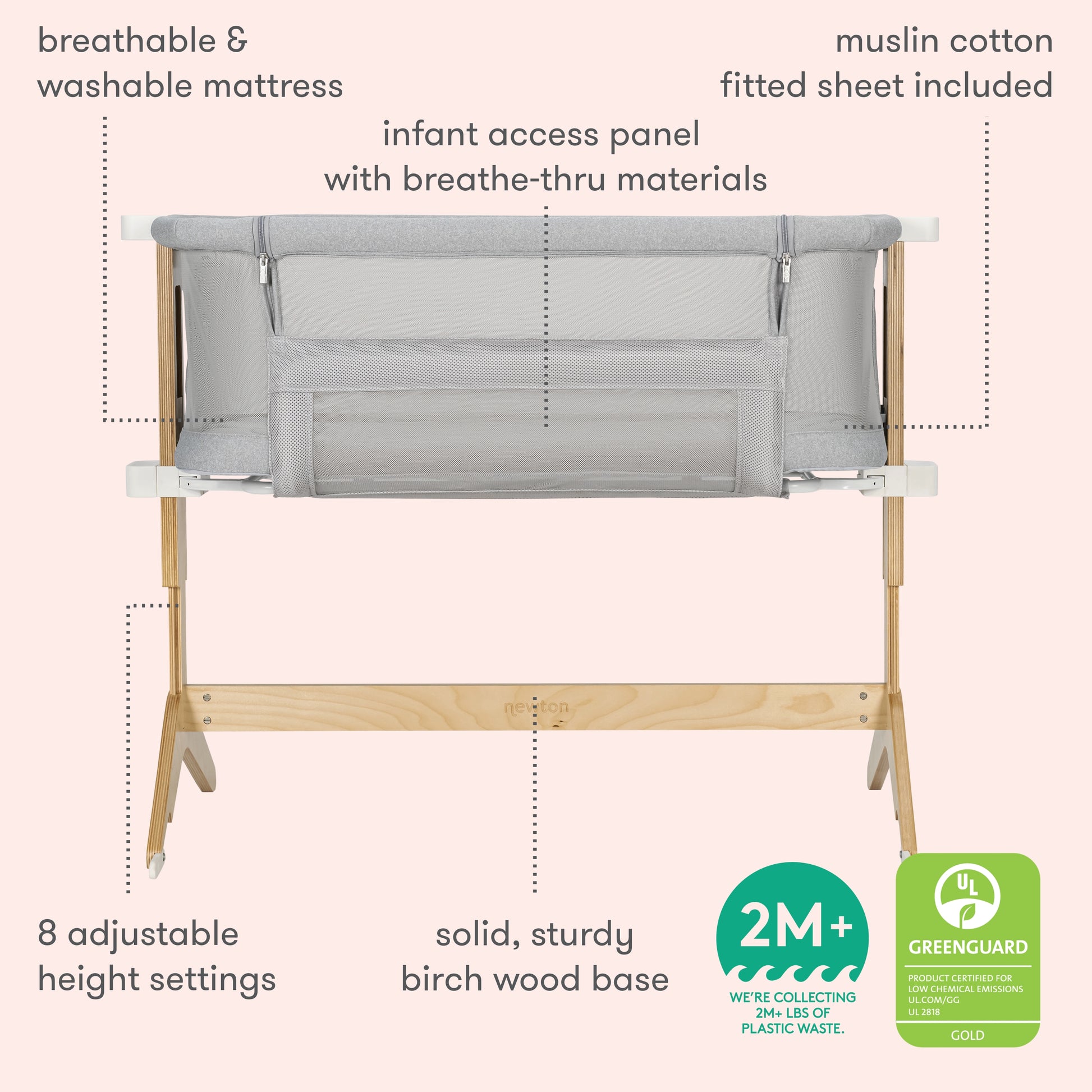 "Image of a gray Newton baby bassinet featuring a breathable and washable mattress, infant access opening, organic muslin cotton fitted sheet, sturdy birch wood base, and 8 adjustable height settings."