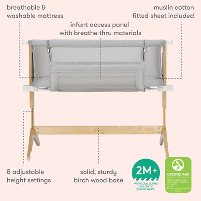 "Image of a gray Newton baby bassinet featuring a breathable and washable mattress, infant access opening, organic muslin cotton fitted sheet, sturdy birch wood base, and 8 adjustable height settings."