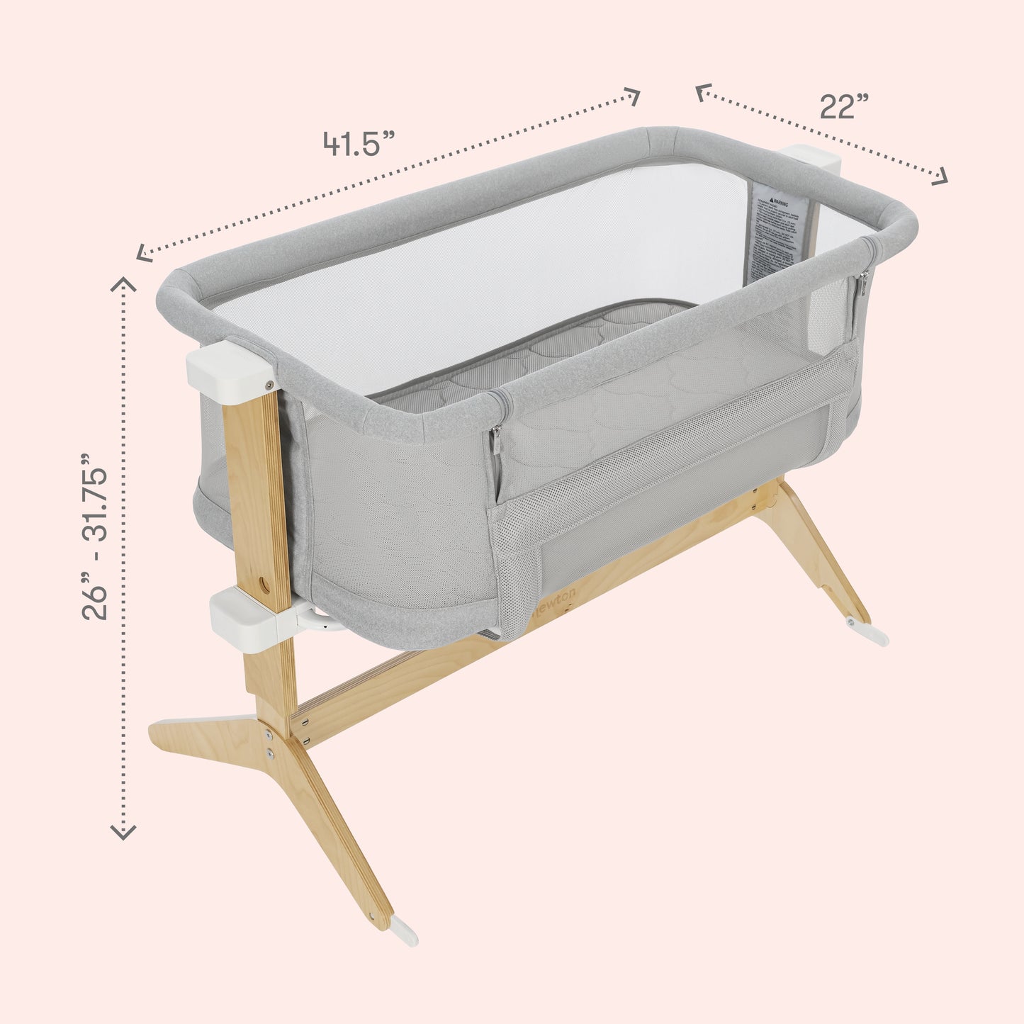 Gray and white bassinet with adjustable wooden legs, dimensions shown as 22" by 41.5" and height adjustable between 26" - 31.75".