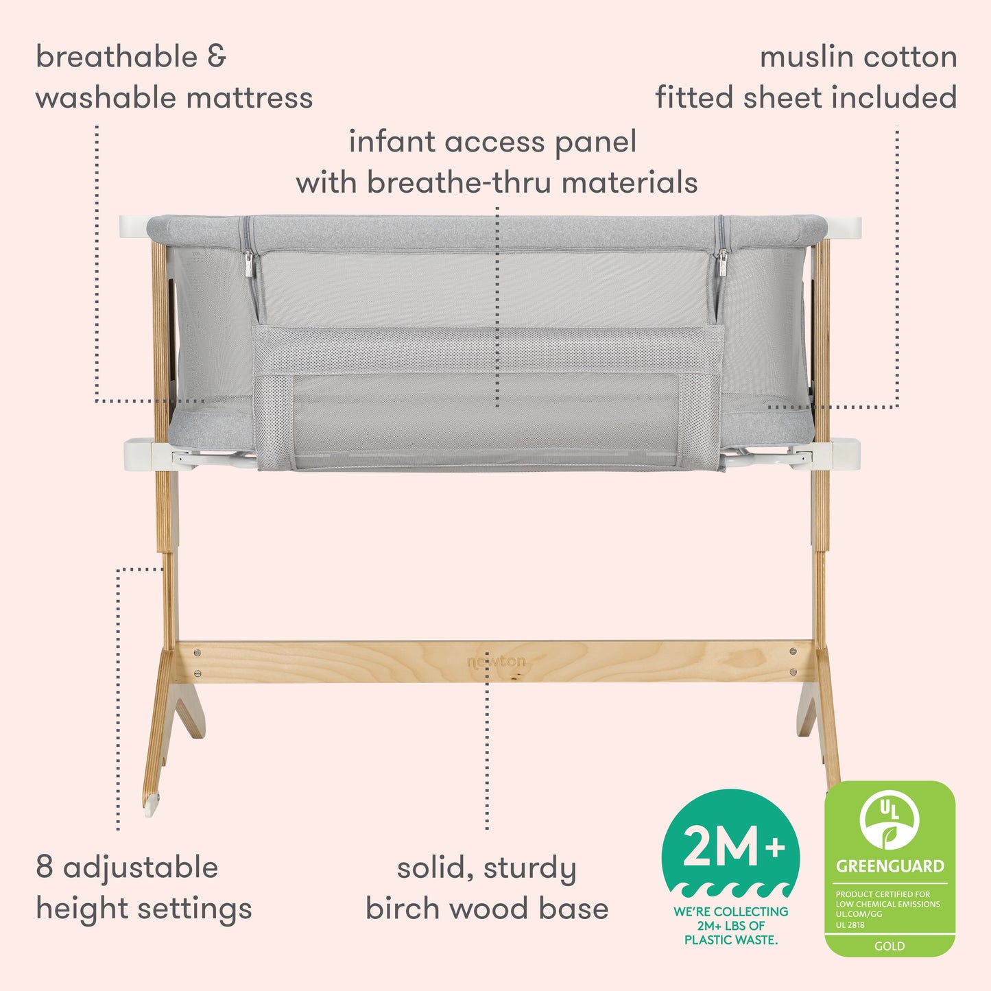 The Newton Baby Bundle 3 BFCM is a breathable bassinet with mesh sides, birch wood base, 8 height settings, washable mattress, muslin cotton sheet, infant access panel, and Greenguard Gold certification.