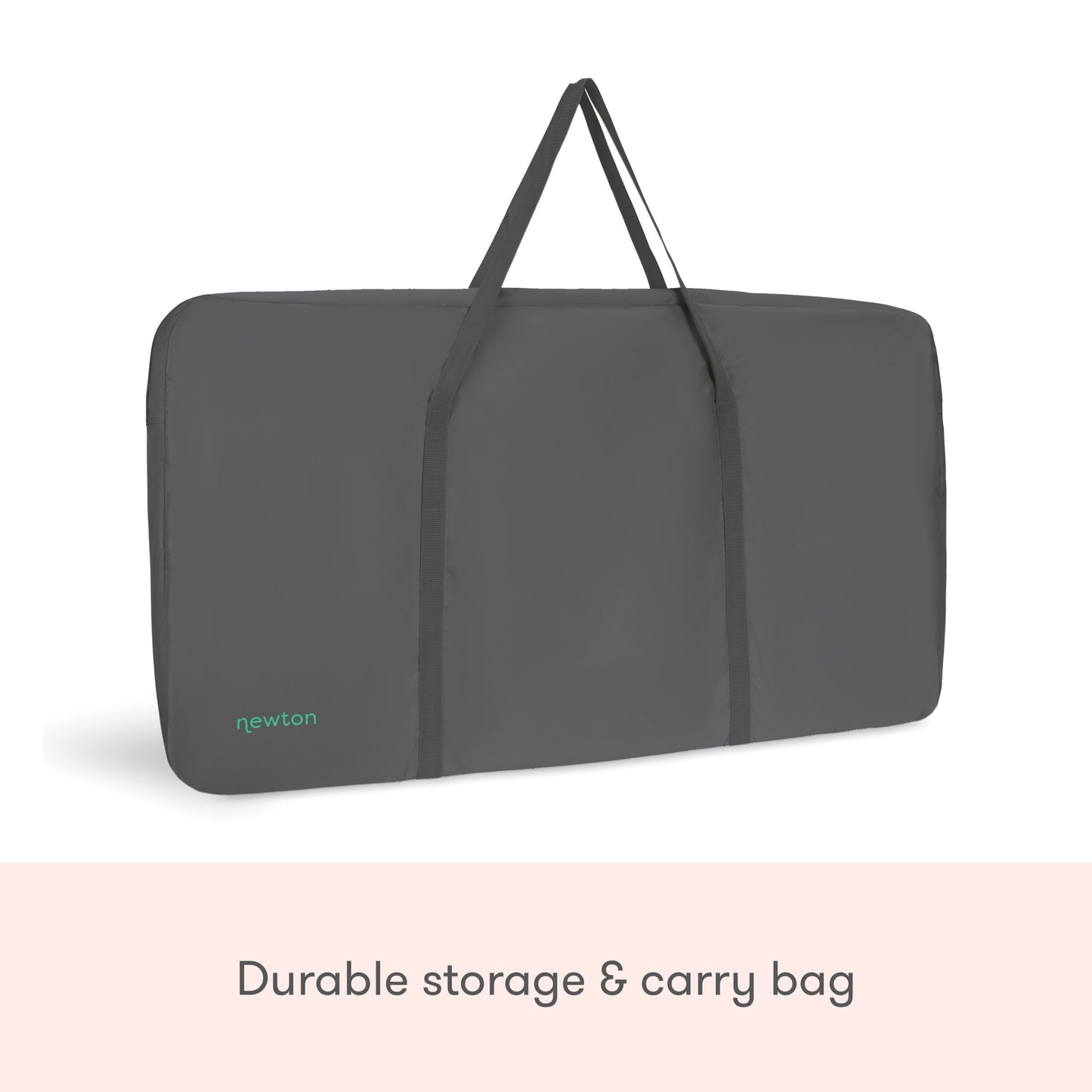 A dark gray rectangular storage and carry bag with handles, featuring "newton" in light blue on the lower left corner. Ideal for transporting your Newton Baby Bassinet & Bedside Sleeper. Text below: Durable storage & carry bag.